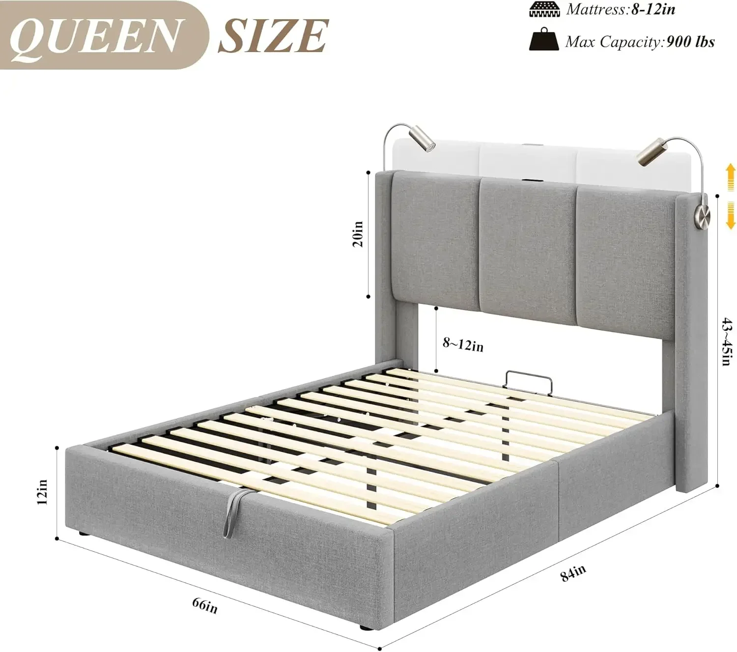 [Nuovo arrivo, prezzo scontato! ]Strucello letto contenitore sollevabile queen size con stazione di ricarica, piattaforma moderna imbottita con Re