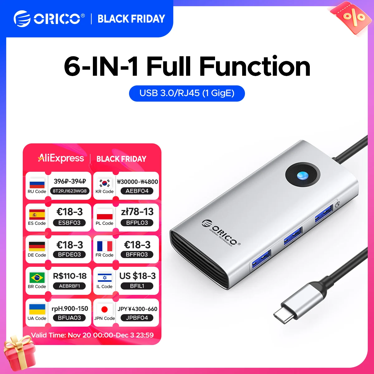 Док-станция ORICO типа C HUB на 4K60 Гц HDMI-совместимый адаптер USB 3.0 RJ45 PD100W зарядка для Macbook Pro аксессуары для ноутбуков