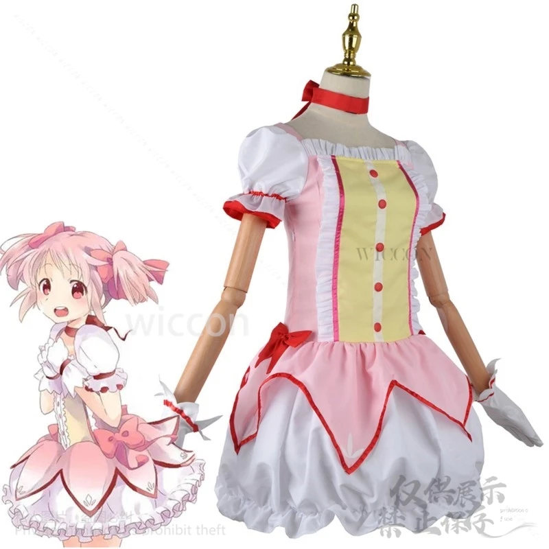 Anime Magical Girl Costume Cosplay Kaname Madoka Kawaii Lolita Abito rosa Parrucche Scarpe Puella Magi Madoka Per Halloween Personalizzato