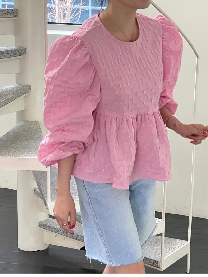 Blusa elegante Bal Lantern Sve para mujer, novedad de primavera, antienvejecimiento, gancho 3D, textura de flor, Top de fibra elástica de poliéster