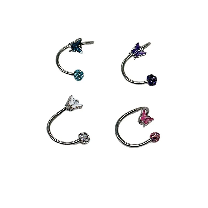 Titanium Steel S shaped 16g Lip Ring Labret Piercing Crystal Rhinestones Butterfly Piercing Helix Earrings Body Jewelry
