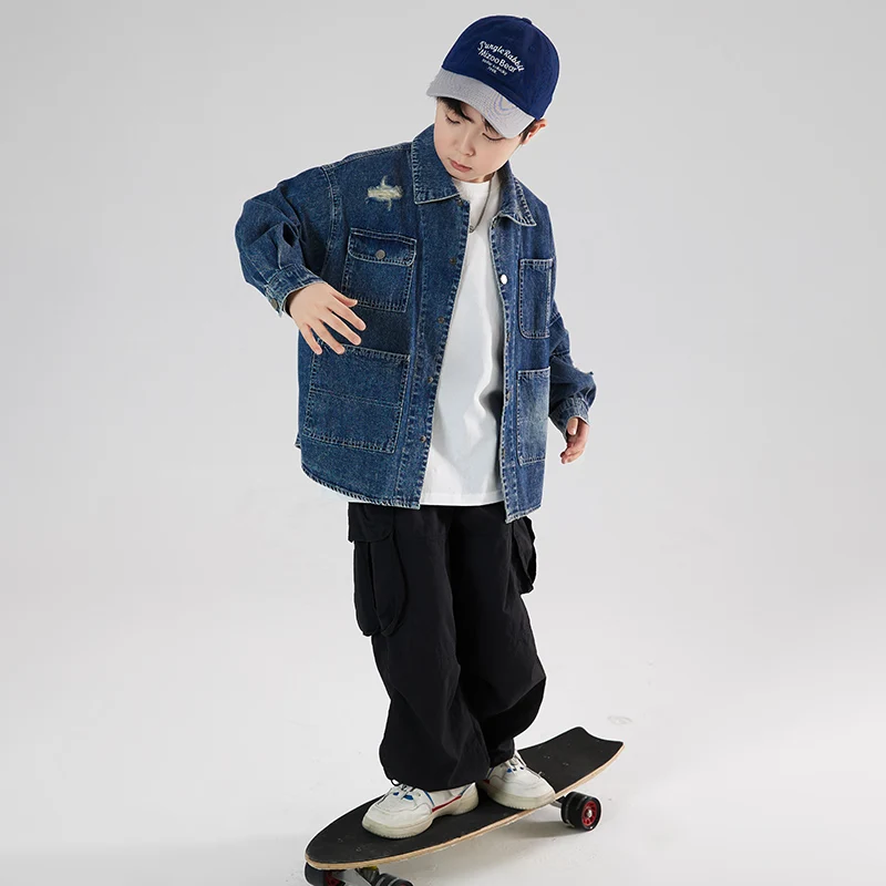 

Kid Denim Coat Baby Boys Spring Autumn Cargo Trench Jacket Infant Toddler Child Patchwork Boy Casual Fashion Outwear Ages 4-14Y