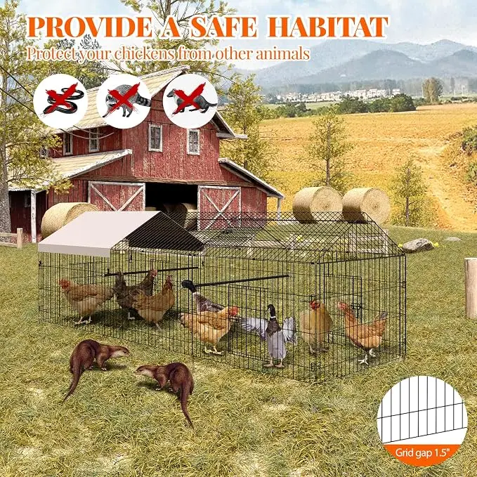 Large Metal Chicken House with Waterproof PE Cloth and Safety Padlock, Weatherproof Outdoor Fence Garden Chicken Coop Free Wheel Metal