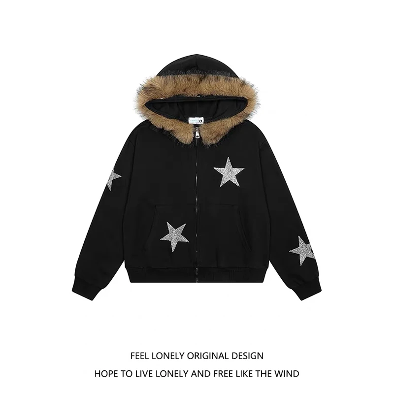 

YIBASHU American Style Star Fur Collar Hooded Sweatshirt Women Autumn Winter Loose Retro Black Zipper Cardigan Jacket Spicy Girl