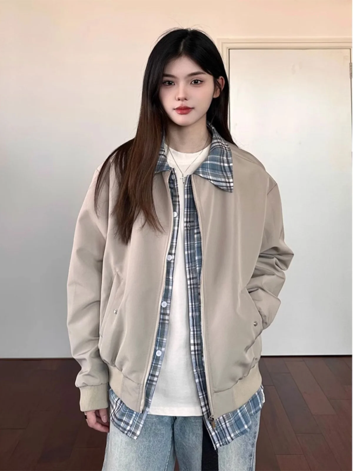 

Casual Loose Plaid Stand Collar Fake Two-Piece Jaet for Men And Women American Retro Street Sle Spring Autumn Winter Oute...