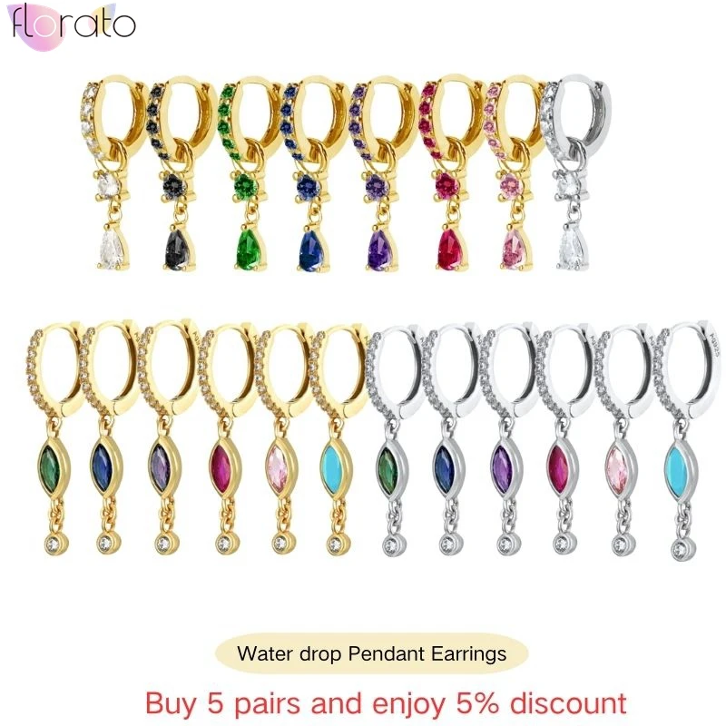 

925 Sterling Silver Needle Geometric Horse's eye Pendant Hoop Earrings for Women Colorful Water Drop Crystal Earrings Jewelry
