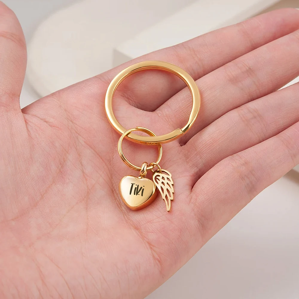 Fashion Mini Heart Cremation Keychain with Angel Wing Stainless Steel Keyring for Ashes Customize Name Text Keepsake Urn Jewelry