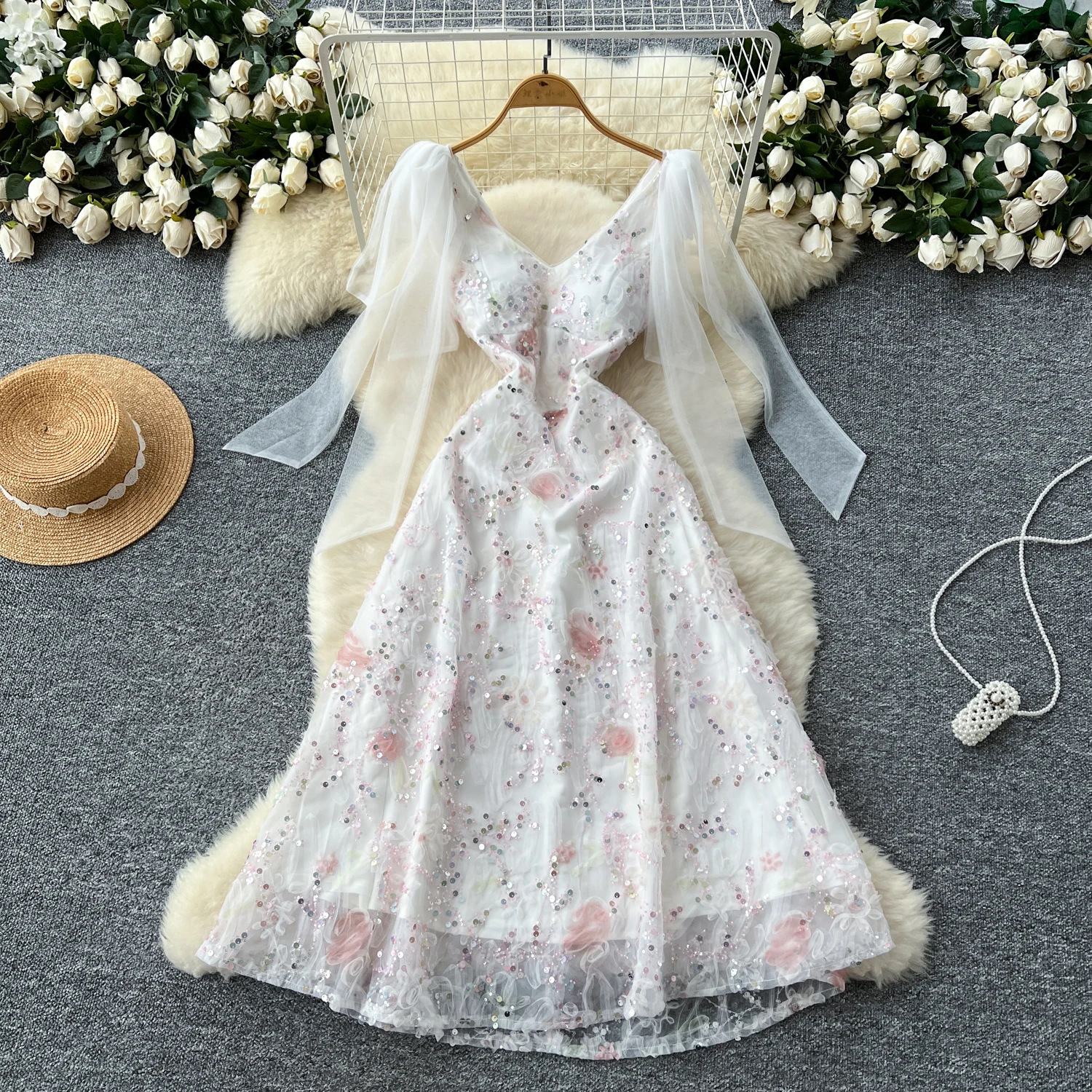 

Sexy sequin Three-dimensional mesh Fashion Birthday Party Evening Vestido Women Goth Slim Summer Hip Wrap Dress