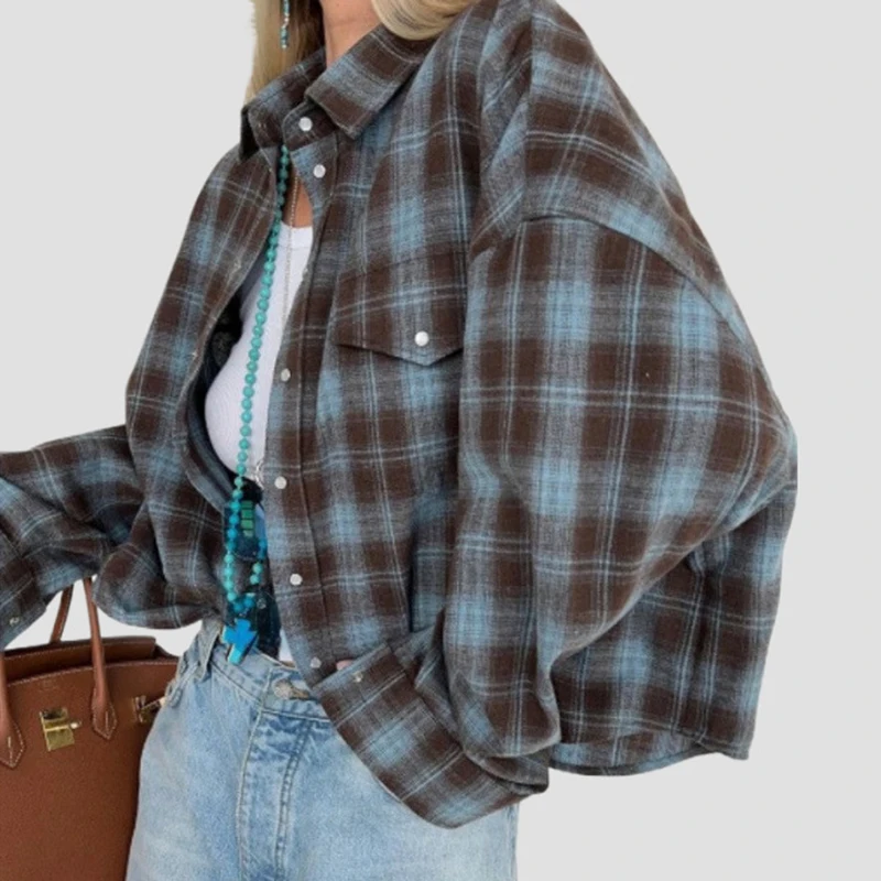 Autumn Soft Oversized Plaid Shirt Woman Korean Vintage Streetwear Long Sleeve Shirts Coat Casual Loose All-Match Shirt for Women