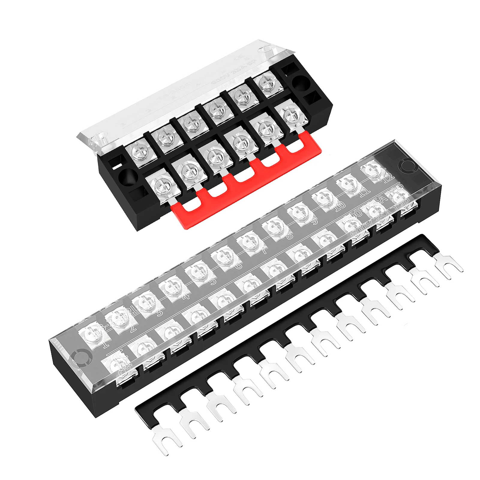 2PCS 35A Terminal Block 6 / 12 Position Screw Terminal Strip Dual Row with Cover & Pre-Insulated Terminal Jumper Block