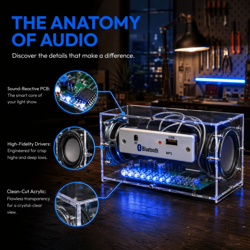 Dual-Channel-Bluetooth-Lautsprecher-Kit, multifunktionales Musikspektrum-DIY-Lautsprecher-Kit, Lötübungs-MP3-Verstärker – Detail 8