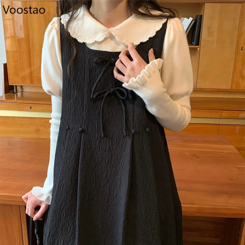 Autumn Winter Sweet Lolita Knitted Pullovers Women Vintage Lace Peter Pan Collar Gigot Sleeve Sweater Girls Cute Knitwear Tops