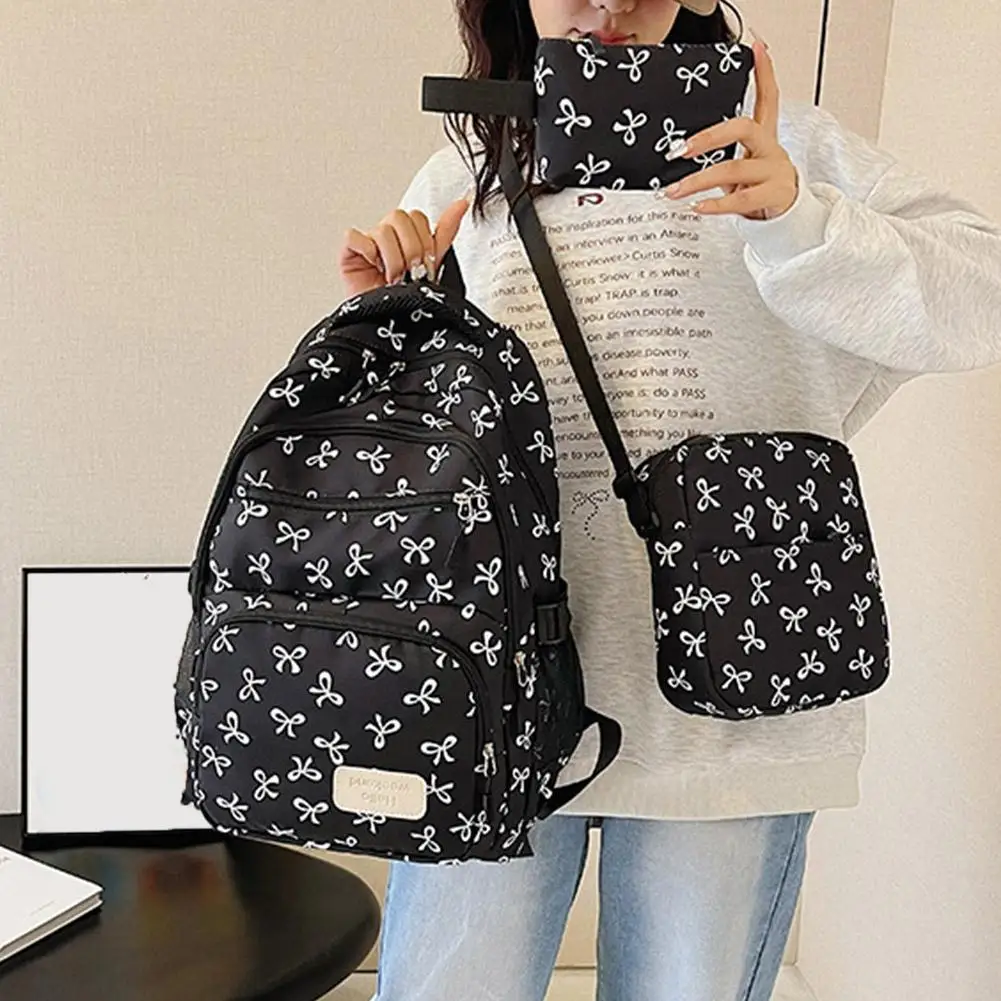 3pcs Backpack Set Large Capacity Bow Backpack Bow Print Nylon School Bag Adjustable Strap Student Backpack