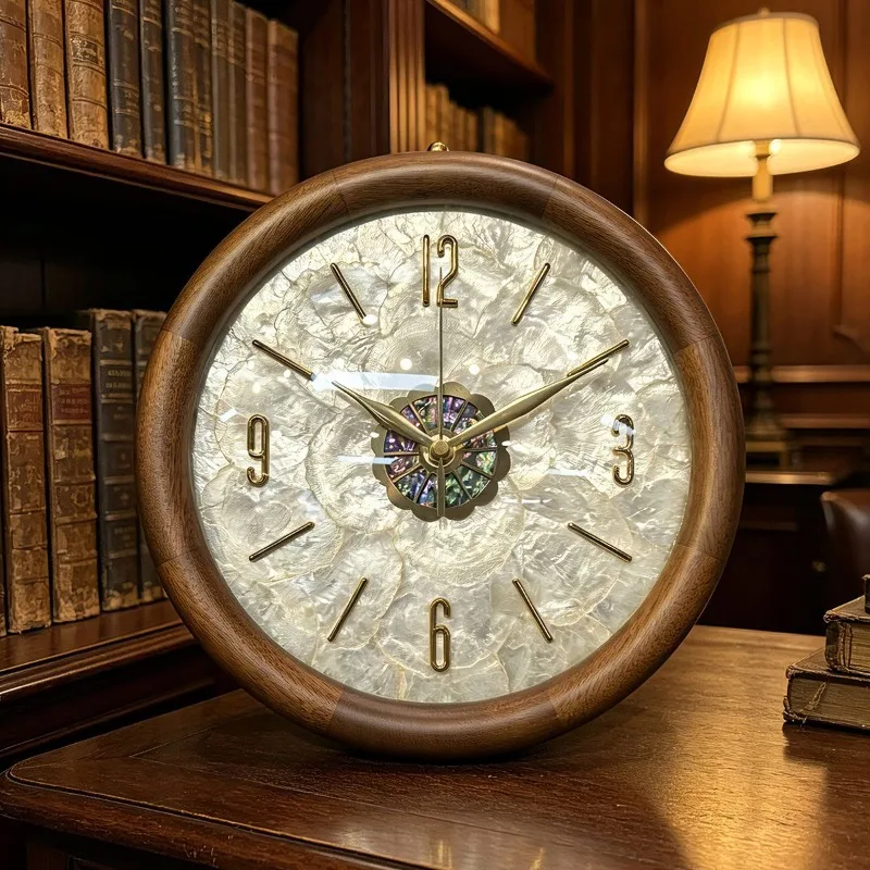 New Chinese Solid Wood Round Clock New Living Room Clocks Shell Table Clock Modern Household Light Luxury Ornament