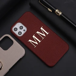 Custom Name Letter Gold Metal Genuine Leather Phone cas For16 11 12 13 14 15Pro Max 16 15Plus XS XR Personalization Cover Luxury
