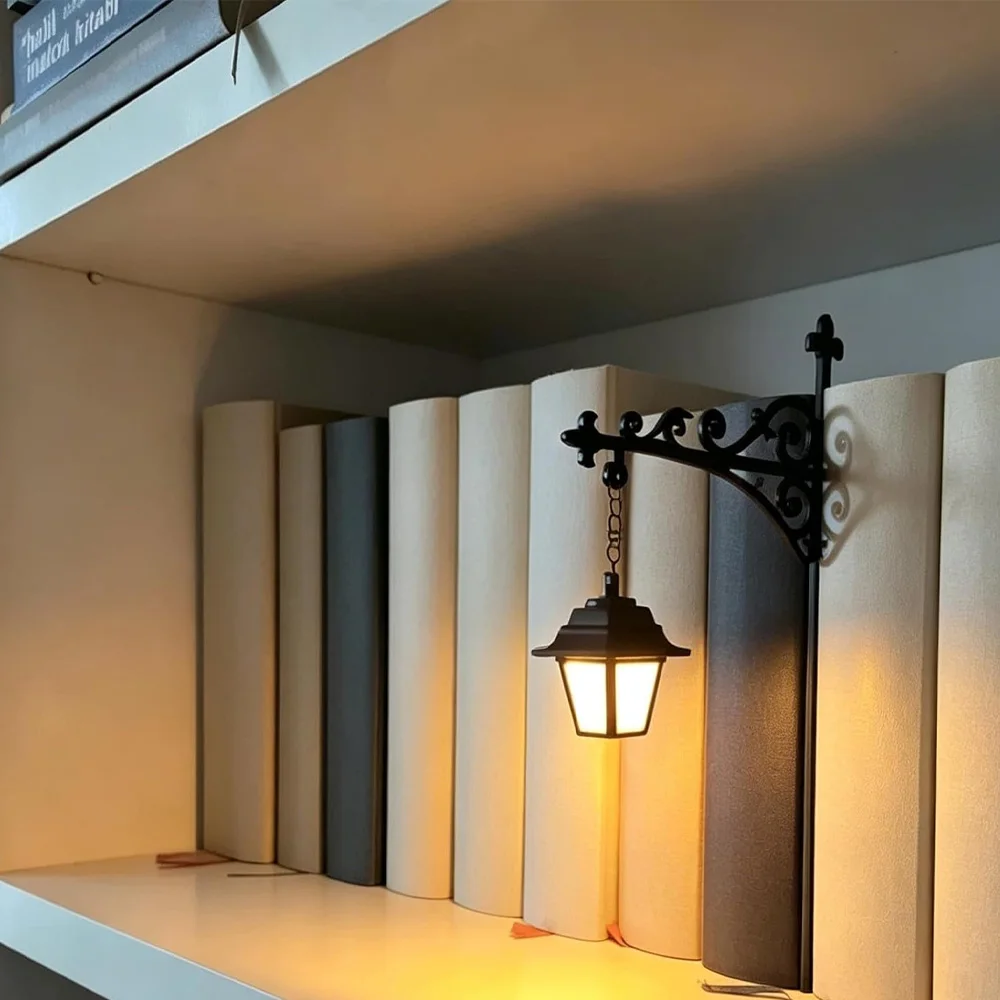 Vintage Hanging Library Lantern LED Bookshelf Lamp Bookend Style Base Warm Decor Light for Book Nook Home Library Reading Decor