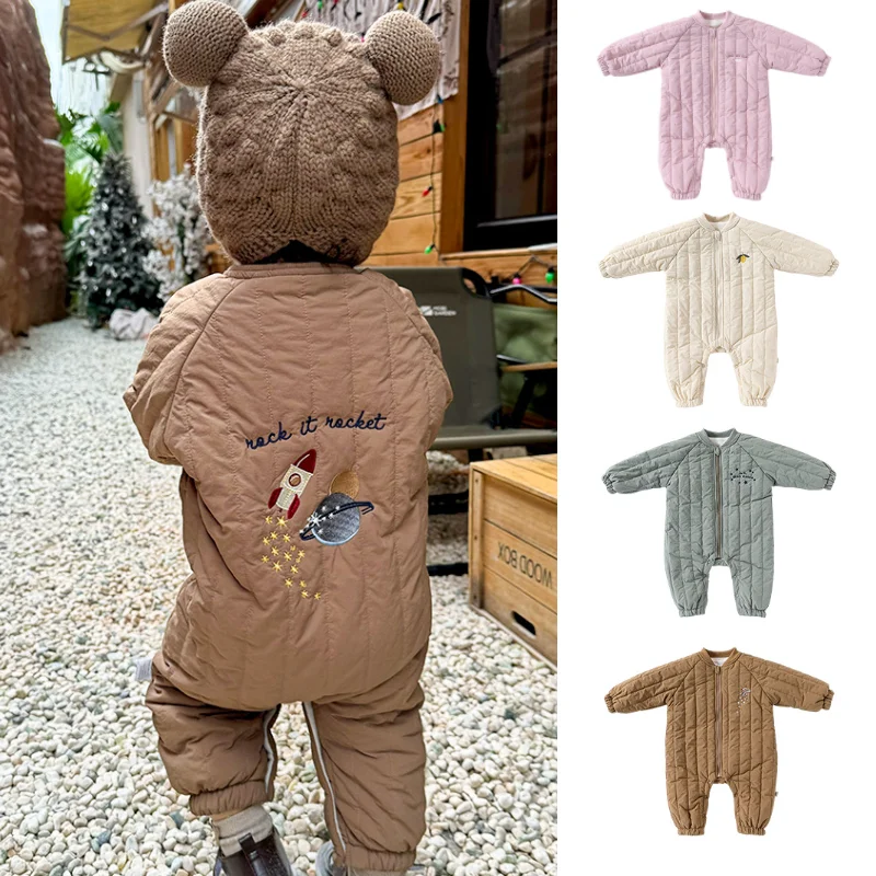 

Baby Jumpsuit 2025 Winter New Pink Cartoon Cute Thick Warm Children's Crawling Clothes Cotton Embroidery Windproof Baby Coat