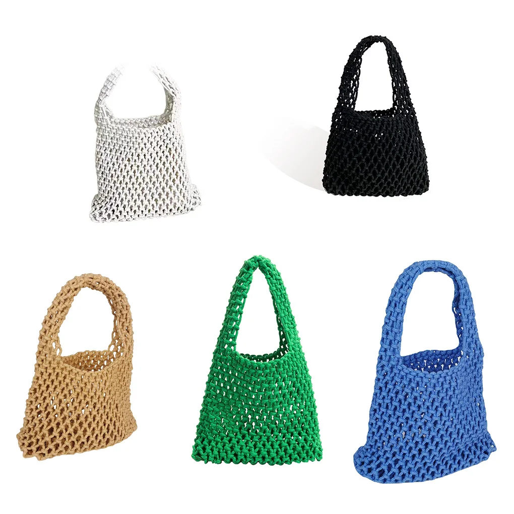 Women Woven Bucket Bag Mesh Hollow Handheld Bags with Leather Bottom Key Tote Handbag Summer Outdoor Shopping Blue