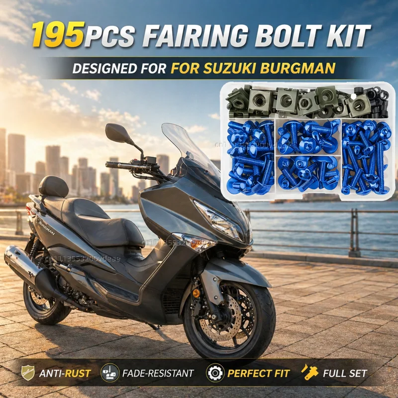 195Pcs Motorcycle Aluminum Fairing Bolt Screws Kit Nut Clips For BURGMAN AN125 AN250 AN400 AN650 AN 650 Burgman 400 650 125 200