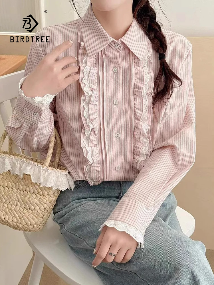 

New 2025 Autumn Cotton Long Sleeve Shirt, Women Turn-down Collar Striped Ruffles, Mori Girl Retro Sweet Loose Blouse T57854CC