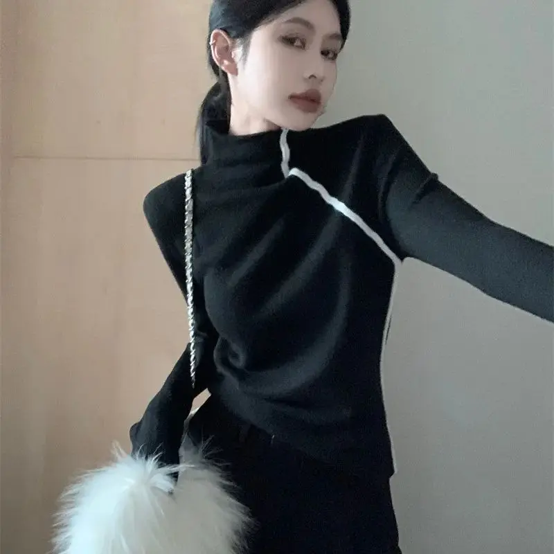 

Hsa Contrast color turtleneck sweater design niche inner layering top Black Grey Slim Jumpers Knitted Pull Femme Hiver