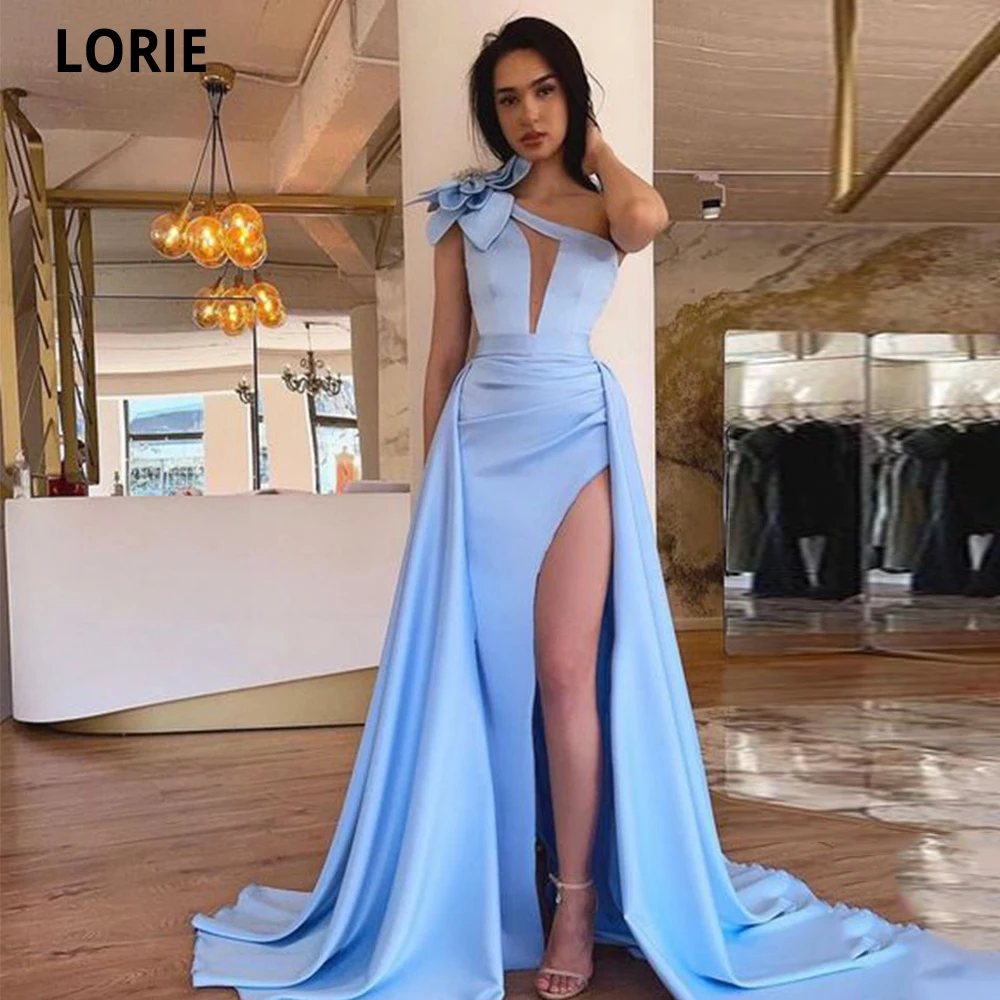 LORIE Elegant Mermaid Evening Dresses 2022 Long Handmade Flowers Mother Groom Formal Party Dress Side Split Satin Prom Gowns