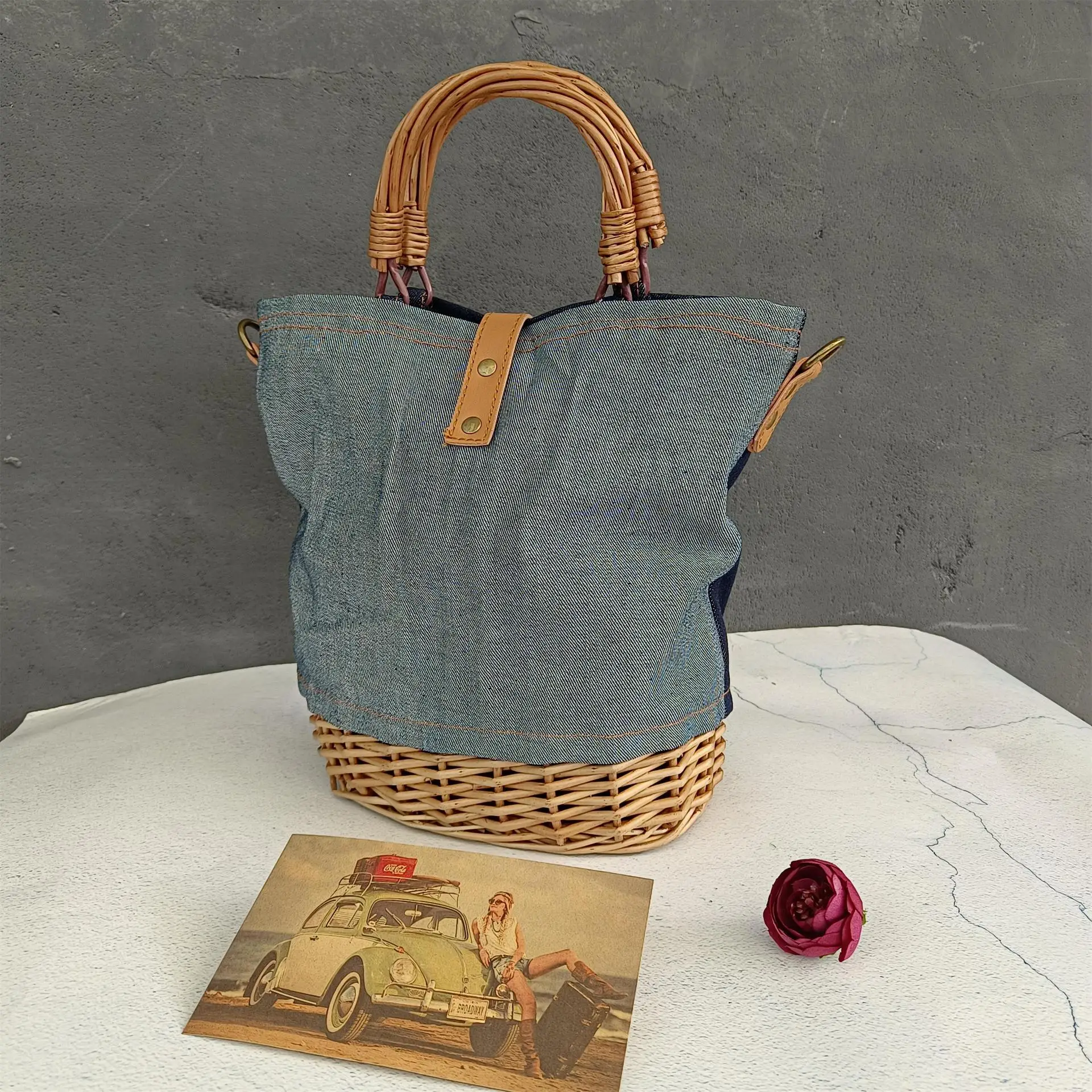 Denim Patchwork Handbag para Mulheres, Wicker Woven Basket Bag, Bohemian Knitting Rattan Beach Bags, Canvas Shoulder Bag, Travel Clutch