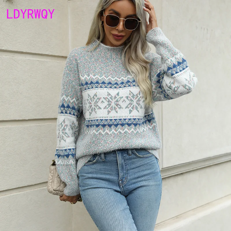 

European and American Christmas Knitwear 2023 Autumn/Winter New Half High Collar Snowflake Sweater for Women