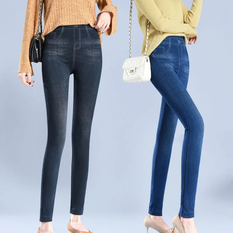 

1pcs Women's Denim Print Leggings Females Fashion Slim Leggings Faux Jeans Leggings Lady Stretch Printed Tights Black Blue Pants