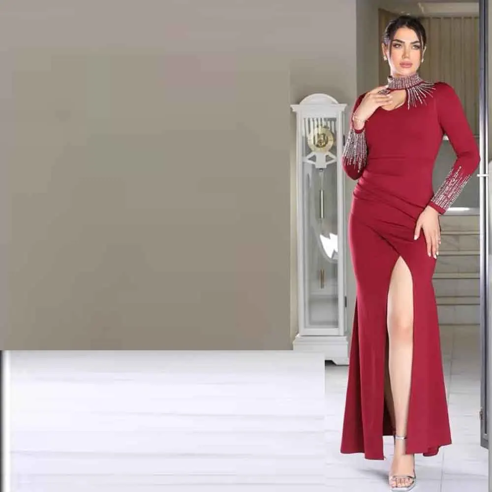 تخصيص الديكور Bodycon مساء اللباس ثقب المفتاح الرقبة طويلة الأكمام ثوب مسائي الجانب سبليت pla enteееееееее