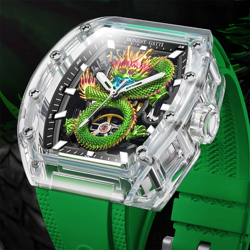 BONEST GATTI New Skeleton Dragon Pattern Watch Crystal Glass Case Men's Fully Automatic Mechanical Watch Luxury Watches