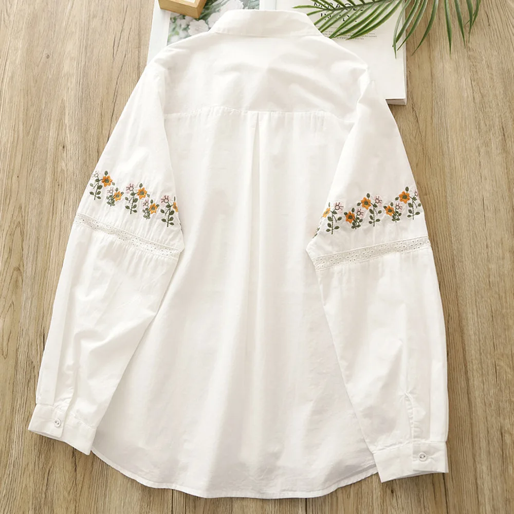 New Summer Cotton Long Sleeve Shirt Lapel Embroidery Floral Top Girl Sweet Fashion Casual Loose Blouse 2024 Autumn T46258QM