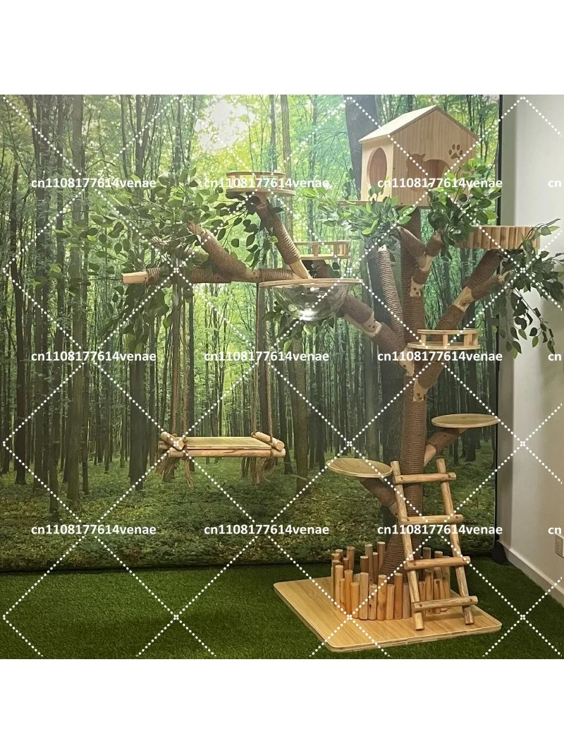 Large Solid Wood Cat Tree with Real Tree Trunk, Wear-Resistant Cat Climbing Frame for Jumping and Scratching