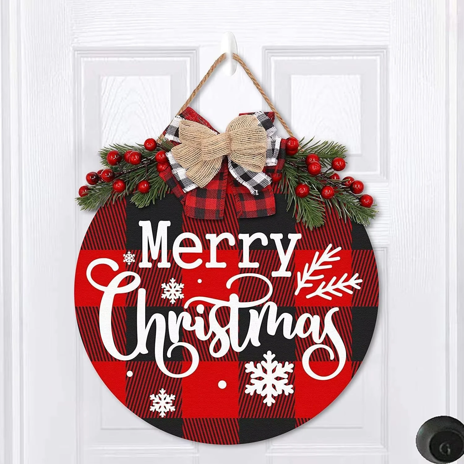 30CM Reusable Christmas Wooden Welcome Door Plague Simulated Pine Leaf Bow Decoration Christmas Flower wreath