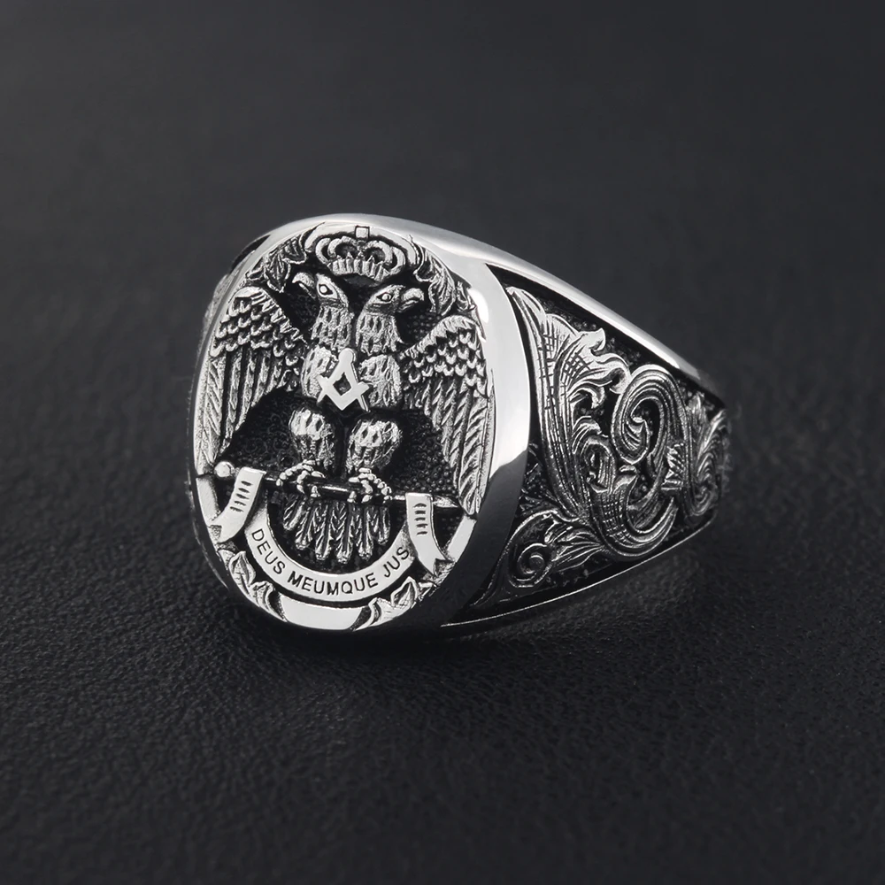 Masonic Scottish Rite 33 Degree Double Head Eagle Phoenix Hand Engraved Sterling Silver Ring