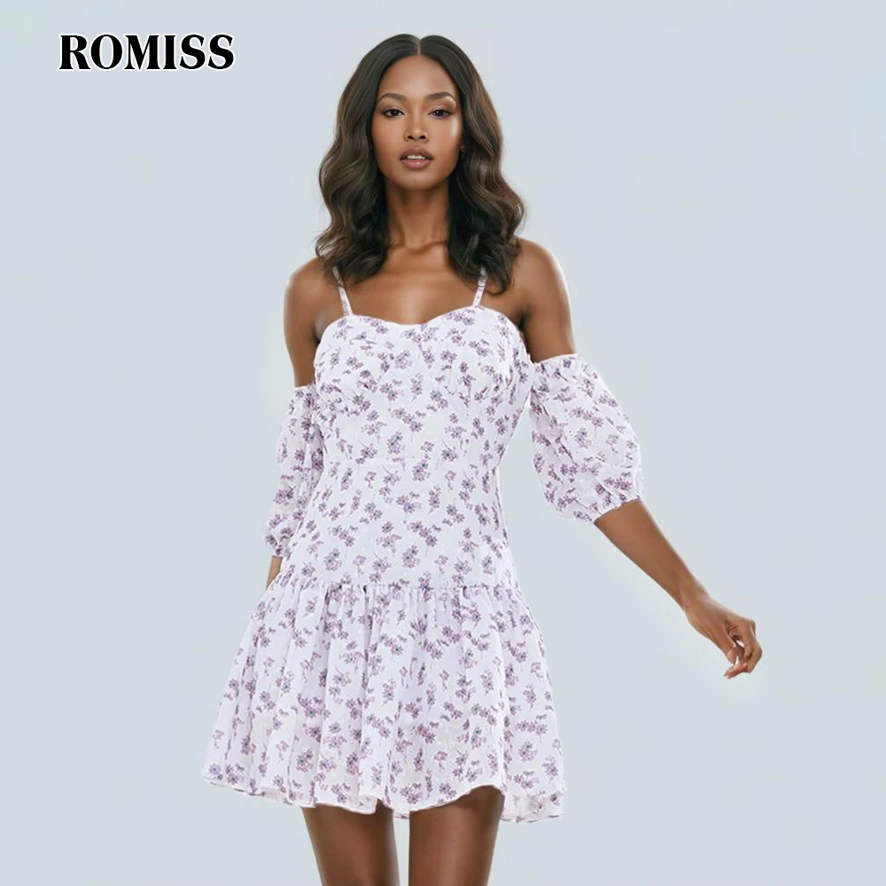 ROMISS Sexy Off Shoulder Floral Print Dress For Women Square Collar Puff Sleeve High Waist Mini Dresses Female Fashion 2024