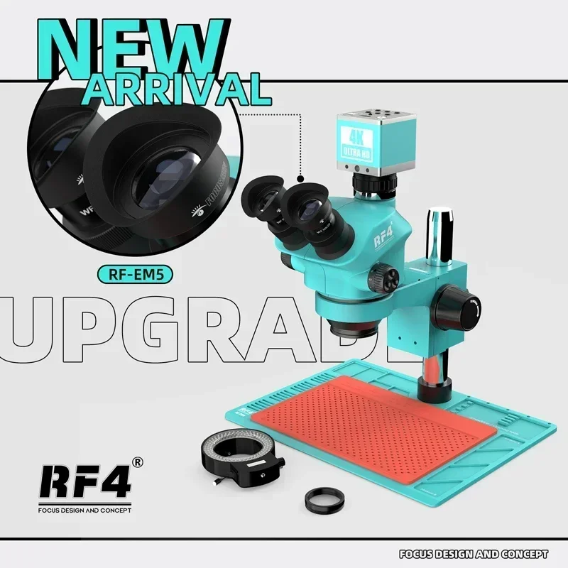 NEW RF4 RF7050-PO4-4K Industrial Microscope 7-50X Continuous Focus Magnification with PO-4 Aluminum Alloy Base and 4K Camera