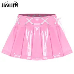 Womens Sexy Latex Mini Skirts Club Music Pole Dance Outfits Lace-up Ribbon Skirts Wet Look Patent Leather Pleated Mini Skirt