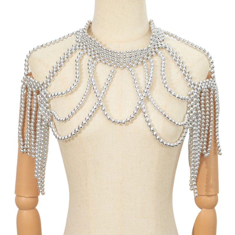 Perlenbesetzte Damen-Halskette, mehrlagige Quasten-Körperkette, Vintage-Exotik-Hochzeitsparty Y2K Crop Top, atmungsaktiv, Oversize – Detail 2
