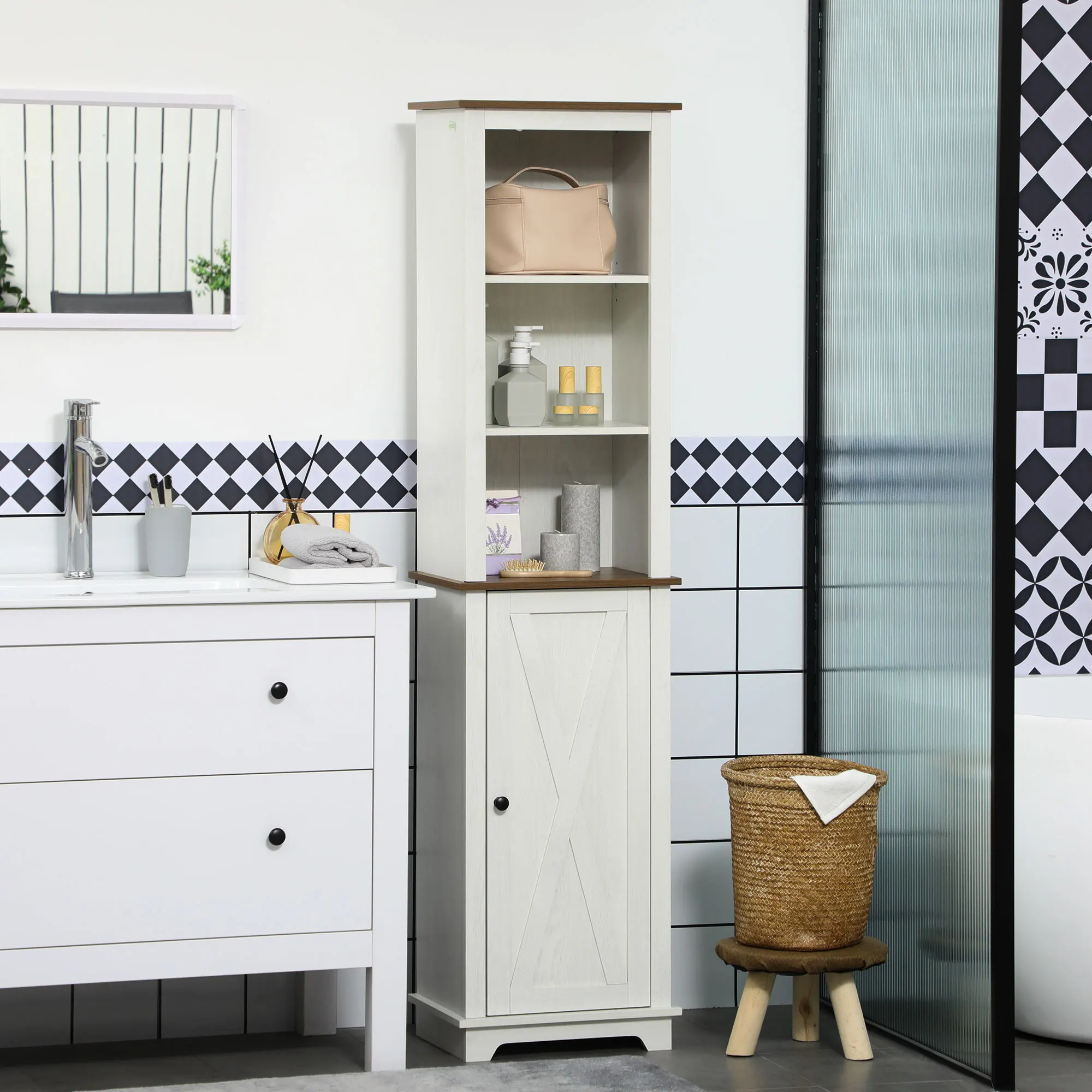 Farmhouse Bathroom Cabinet, Tall Storage Cabinet with Door and Adjustable Shelves, 15.5" x 11.75" x 63", White view 2