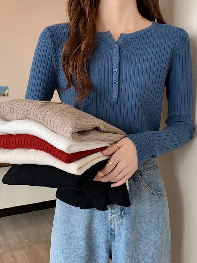 

Basic Button Women O-neck Sweater Solid Autumn Winter Ribbed Pullover Female Knitted Sweaters Slim Long Sleeve Knitwear 2025