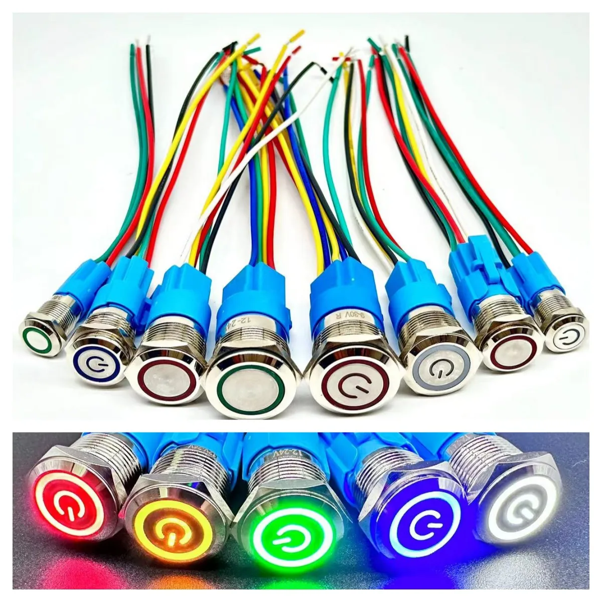 Impermeável Metal Botão Interruptor, Luz LED, Travamento Momentâneo, Interruptor de Energia do Motor do Carro, Vermelho, Azul, 5V, 12V, 24V, 220V, 12, 16, 19, 22 milímetros