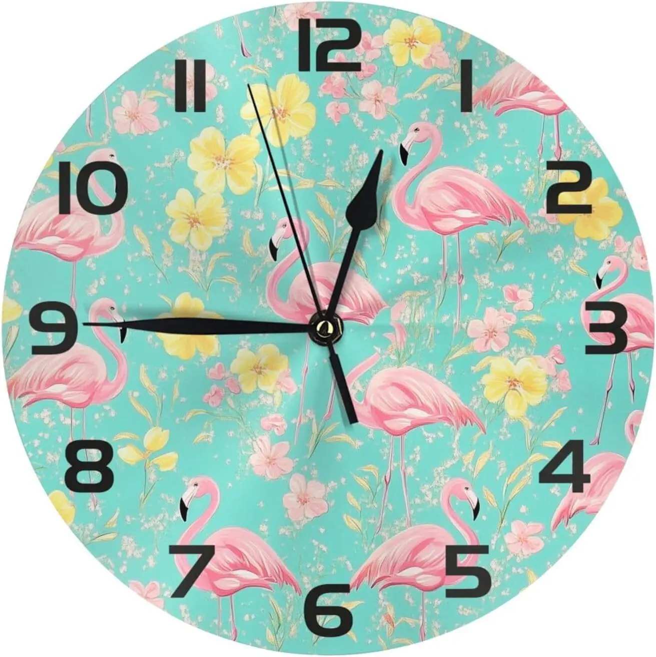 Flamingo Yellow Flowers Wall Clock 10 Inch Silent Non Ticking Wall Clocks Battery Operated Wall Decorative Clock for Bedroom