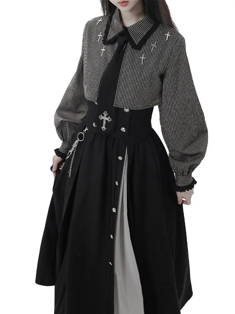 2025 New Japanese Gothic Sweet Girl Long Sleeve Loose Striped Shirt + Vintage Cross Decoration Asymmetric Long Skirt Set Women's