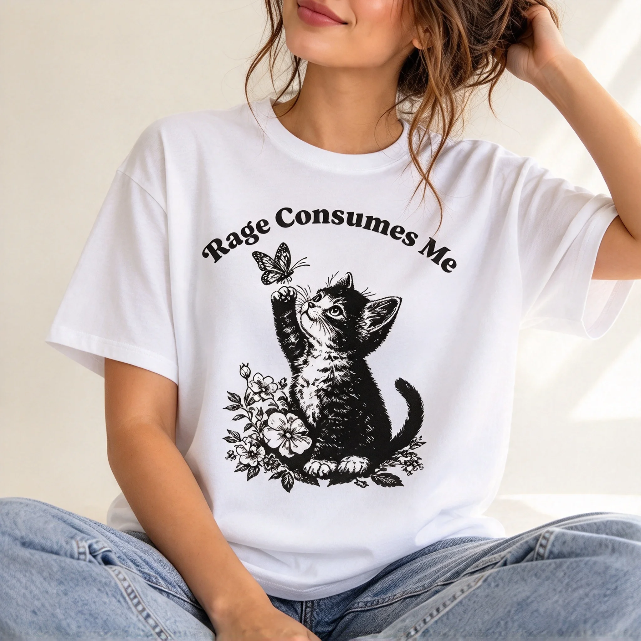 Pure Cotton Womens T Shirt Rage Consumes Me Kitten Butterfly Floral Sketch Graphic Crewneck Oversized Short Sleeve Tee
