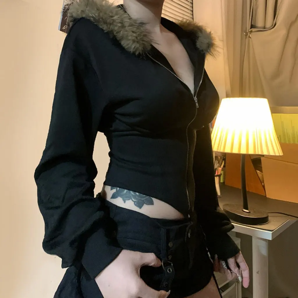 

Spice Girl's American Style Slim-Fit Hooded Coat with Wool Collar And Zipper Short Sleeve Distinctive Cool Handsome Sweatshirt