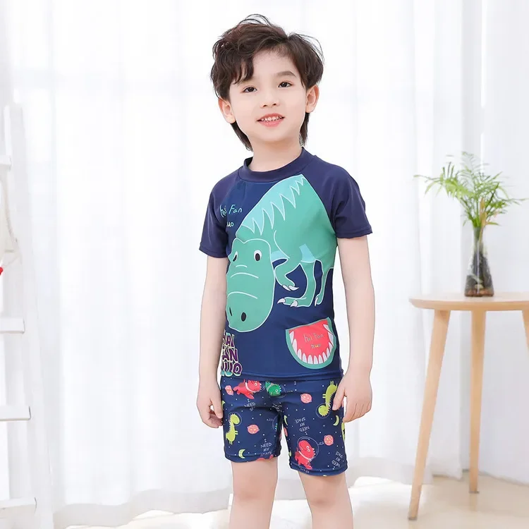 2024 Summer Children Beach Suits T-shirts+Shorts Unisex Boys Girls Two Pieces Swimwear Kids Cute Surfsuit Cartoon Print Swimsuit