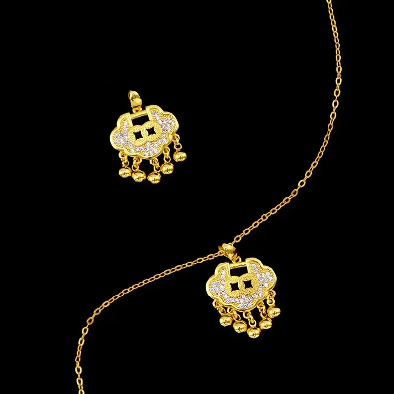 

9999 Real Gold 24K Micro-inlaid long-life lock pendant, same long-life lock necklace for adults and children