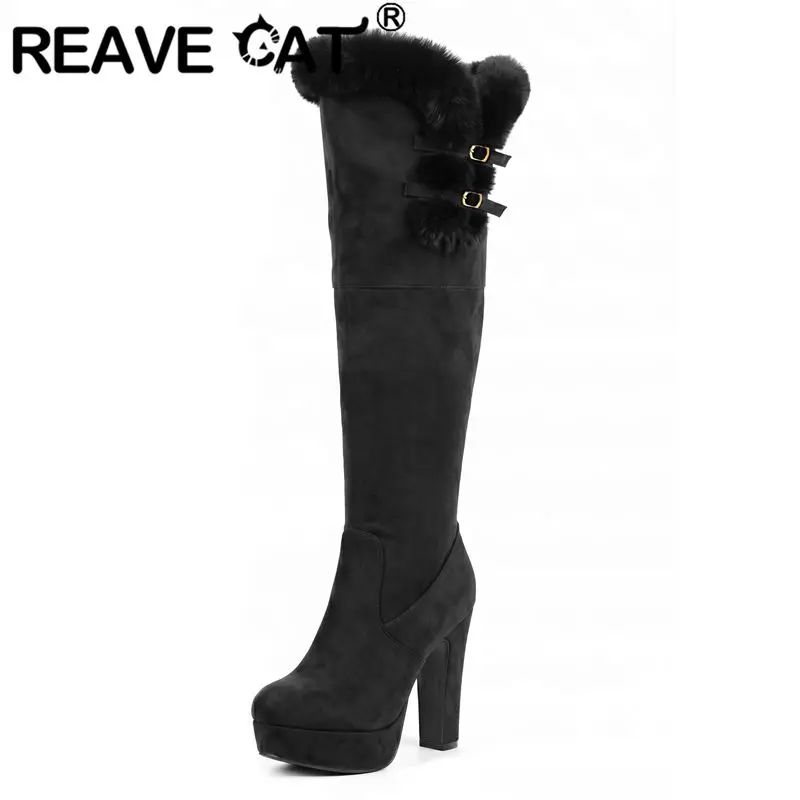 REAVE CAT Green Women Winter Boots Round Toe 12cm Block Heel 4cm Platform Zipper Warm Plush Sexy Thigh Botas Large Size 41 42 43