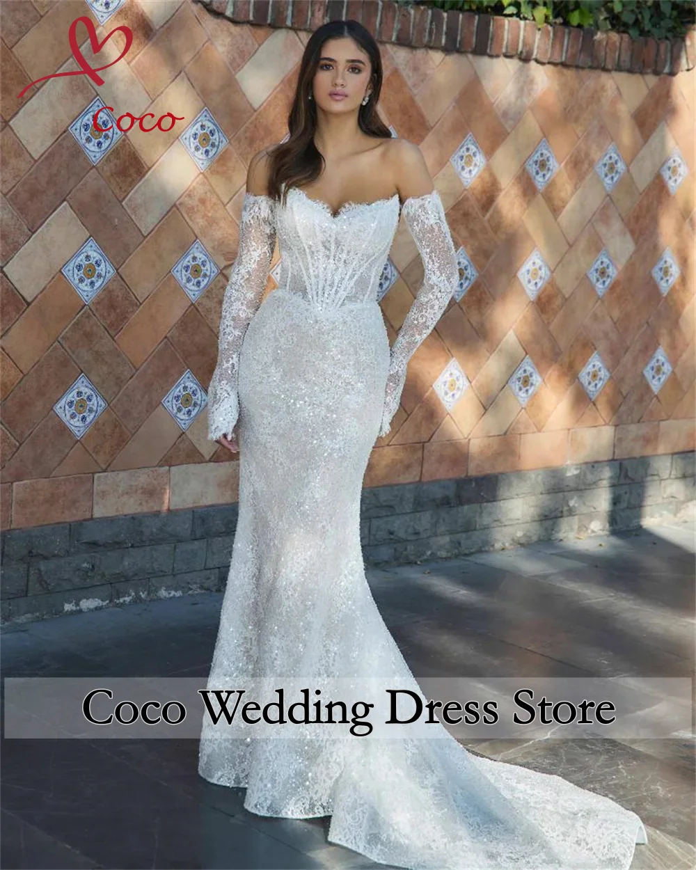 

Customised Luxurious Mermaid Women's Wedding Dresses Lace Off Shoulder Robe De Mariée Long Sleeve Bride Gowns Vestido De Novia